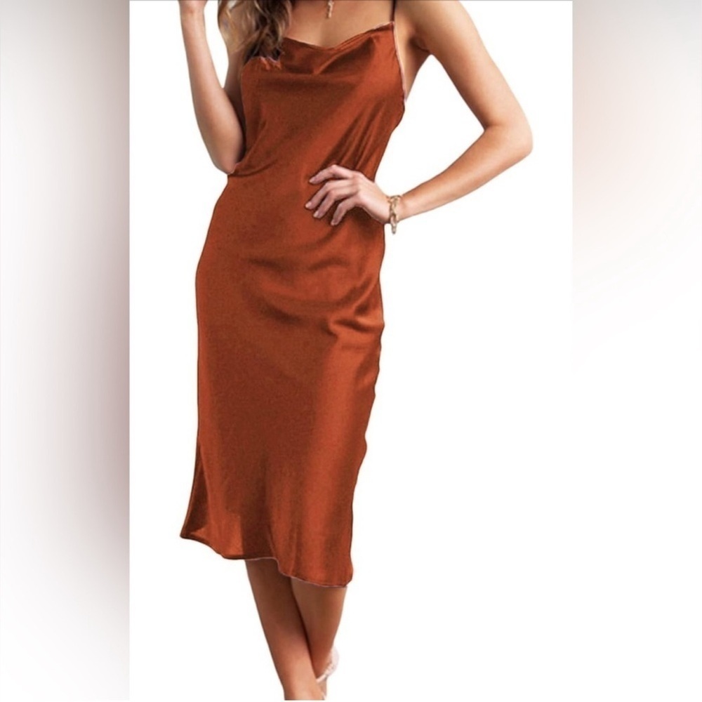 NWT Cowl Neck Satin Slip Cami Midi Dress Rusty Size Small Cocktail Holiday